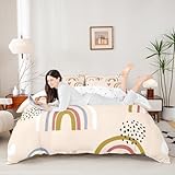 Castle Fairy Cute Rainbow Kids Duvet Cover Set Toddler Size,Hearts and Clouds Bedding Set,Boys Girls Room Decor,Baby Yellow Quilt Cover,No Comforter