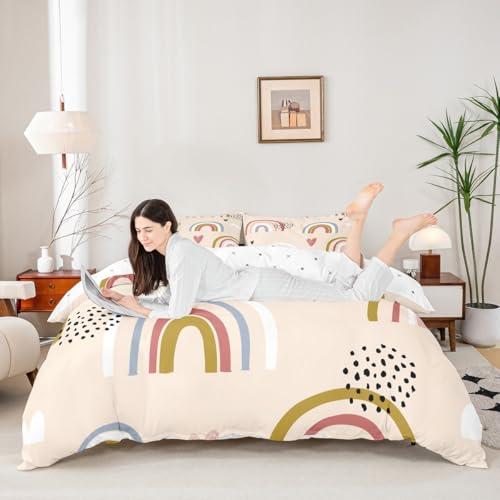 Castle Fairy Cute Rainbow Kids Duvet Cover Set Toddler Size,Hearts and Clouds Bedding Set,Boys Girls Room Decor,Baby Yellow Quilt Cover,No Comforter