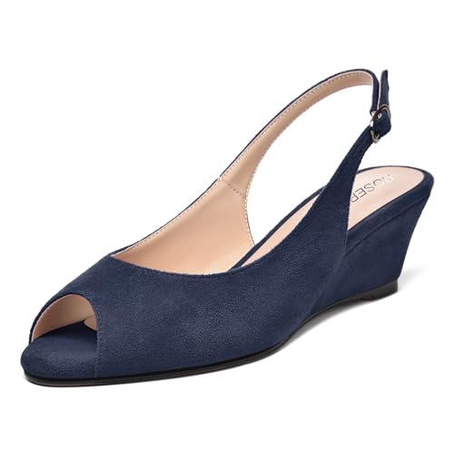 ROSERWISH Womens Casual Dating Buckle Stylish Peep Toe Suede Slingback Wedge Low Heel Pumps Shoes 2 Inch