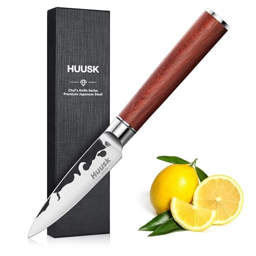 Huusk Japanese Paring Knife 3.5 Inch, High Carbon Steel Fruit Knife, Hand Forged Japanese Peeling Knives Small Kitchen Knives, Christmas Gifts for Men and Women