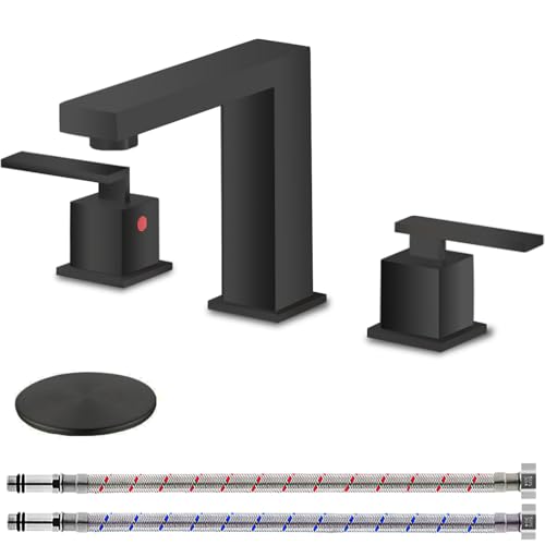 KINGO HOME 3 Hole Matte Black Bathroom Faucet, 8 Inch 2 Handle Modern Widespread Bathroom Sink Faucet, Vanity Basin Sink Faucet with Supply Hoses and Pop-Up Drain Stopper by KINGO HOME - Used condition - US$35.60