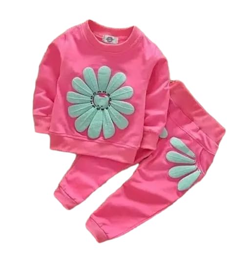 Girl’s Full Sleeves Cotton Blend Pink Floral Tshirt and Trouser Set