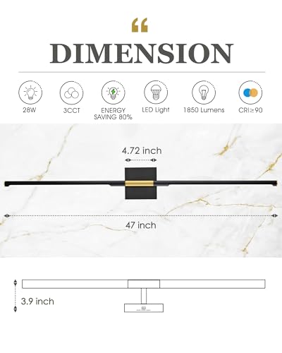 Image of 47 Inch Bathroom Light Fixtures, 28W 3CCT Dimmable Black and Gold LED Vanity Lighting Fixtures Over Mirror, 360?Rotatable Modern Bathroom Vanity Light Bar, AD-W9465-L120-BK