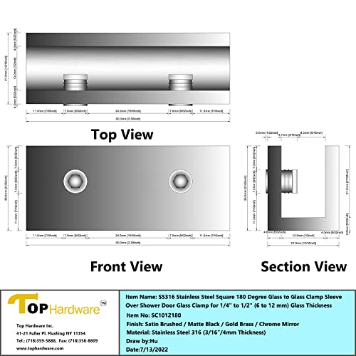 180 Degree Brass Glass To Glass Clamp Sleeve Over Shower Door Glass Clamp For 5/16" To 1/2" (8 To 12 Mm) Glass Thickness (180°, Matt Black Finish Sc1012180B) #TOP1