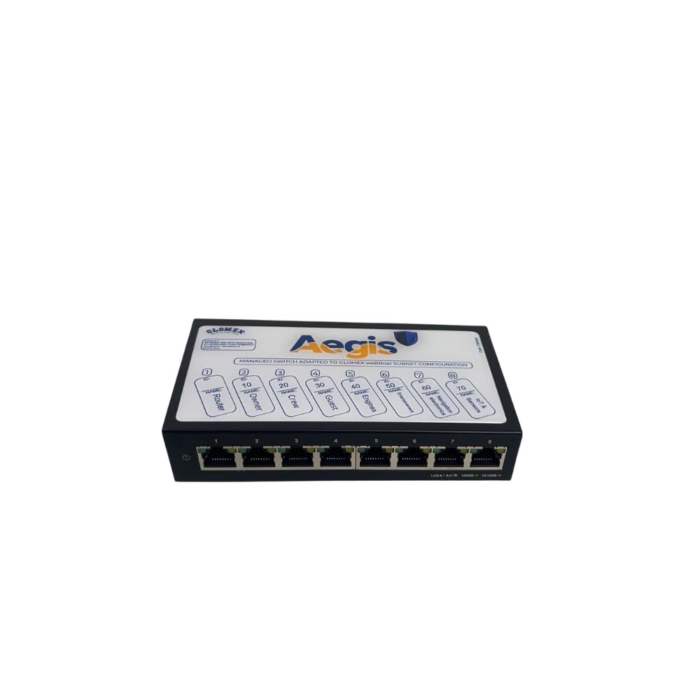 Glomex Aegis 8-portowy gigabitowy przełącznik sieci morskiej, model ITSW008 - obsługa VLAN, Plug&Play, do systemów OMNIX SeaWebSat, jachtów i profesjonalnych instalacji