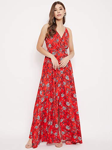 Image of Berrylush Red Solid V Neck Maxi Dress
