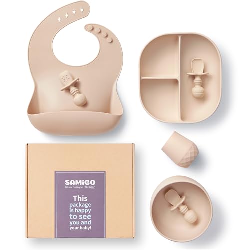 Image of SAMiGO Silicone Baby Feeding Set, Suction Plate Bowl Set, Self Feeding Spoons, Bib, Cup, Baby Led Weaning Supplies, First Stage Feeding Essentials, Food Eating Utensils, 6+ Months