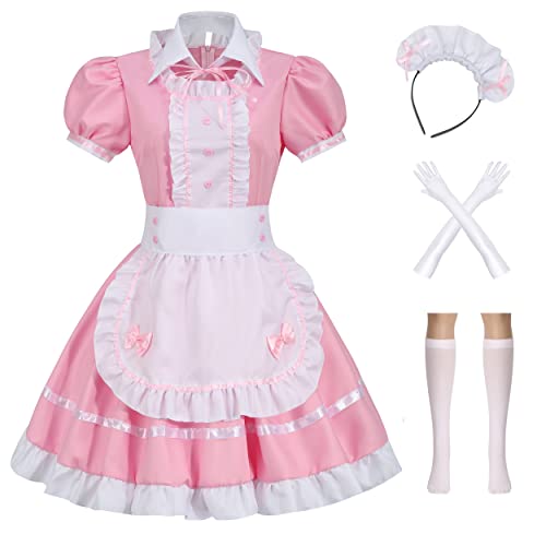 Colorful House Women's Cosplay French Apron Maid Fancy Dress Costume (2X-Large, Pink-6Pcs)