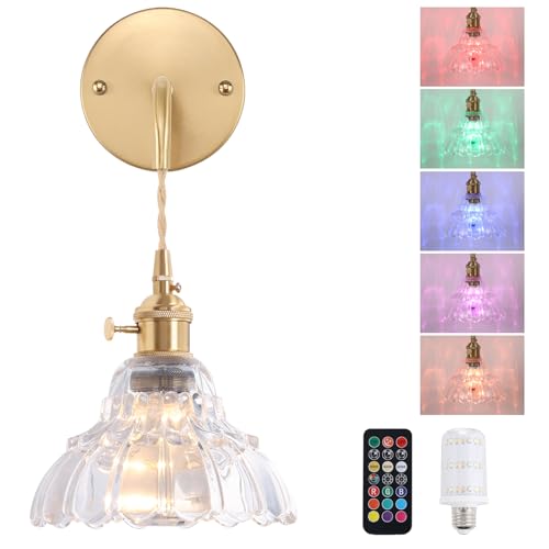 Image of Shenmoyl Battery Operated Wall Sconce Wall Lamp with Clear Lily of the Valley Shade Pattern Glass Adjustable Chain Retro Gold Wall Light, Modern Wall Lamp Fixtures Decor for Bedside Bedroom