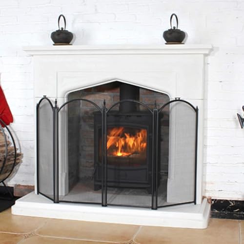 Pantalla ignífuga for Chimenea JvFbjLF de 4 paneles plegable y biombo negro de protección 3