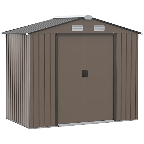 Outsunny Cobertizo de Jardín 2,5m² con Base de Refuerzo Sin Suelo 213x130x185 cm Caseta de Jardín Exterior con 2 Puertas Correderas y 4 Ventanas para Almacenamiento de Herramientas Marrón