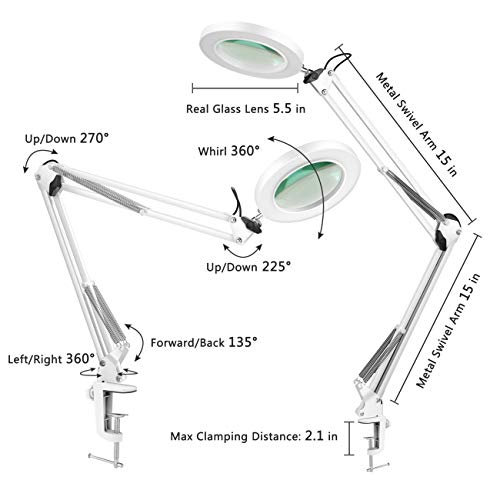 LANCOSC Magnifying Glass Desk Lamp with Clamp - White/Warm White Lighted 5-Diopter Magnifier Lens - Adjustable Metal Swivel Arm LED Light for Reading, Crafts, Professional Tasks (White) - Thumbnail 2