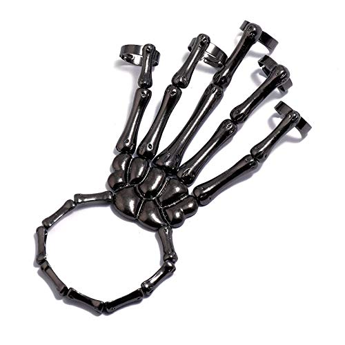Black Hem Gothic Skull Tools Full Hand Skeleton Bracelet Rings, Gothic Halloween Skull Skeleton Metal Fingers Hand Bone Bacelet, Halloween Skull Skeleton Hand Bracelet with Ring (black)