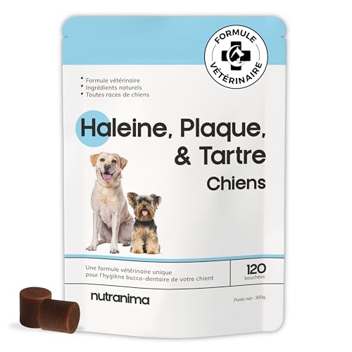 Nutranima Atem, Plaque & Zahnstein für Hunde | Mundhygiene & frischer Atem | Algen, Hefen, Petersilie & Grüntee- Extrakt | Zahnergänzung | 120 Bissen | Französische Tierarztformel