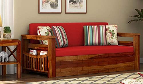 Image of Solid Sheesham Wood Sofa Cum Bed with Storage Side Pocket- 3 Seater Wooden Sofa Bed for Living Room | Convertible Diwan Bed with Cushions | Modern Space Saving Furniture (Red)