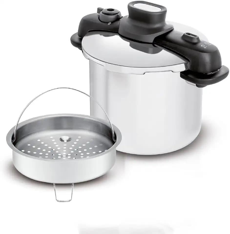 Panela de Pressão 7L Tefal OptiSpace em Inox com Fundo Triplo e Cesto de Vapor