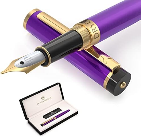 Dryden Designs Fountain Pen Medium Nib | Luxury Box - Include 6 Ink Cartridges and Ink Refill Converter | Consistent Writing, Smooth Flow, Calligraphy Reliable Writing Tool | Decadent Purple