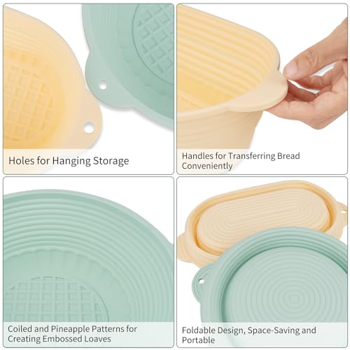 Wonlooker 2-Pack Reinforced Bread Proofing Baskets, Silicone Sourdough Baking Bowls, 10” Round & 10” Oval Foldable Banneton Baskets for Expert Bakers & Home Bread Makers (Beige & Green) - Image 3