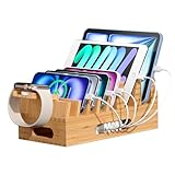 Bamboo Charging Stations for Multiple Devices, Desk Wood Docking station Organizer for Electronic Device Charge Stand for iPhone, Tablets, Laptop, iPad, Phones, etc. (Hub and Cable Not Included)