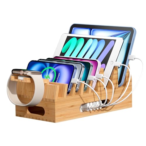 Cell Phone Charging Stations, Desktop Charger Organizer Rack, 7 Divider Slots for Phones, Tablets and Laptops -Bedside Multi Device Cord and Cable Box (No Power Supply)