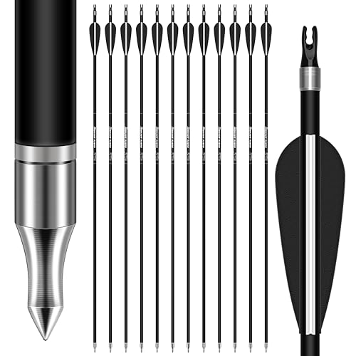 Sunya Flechas de Caza Arco Compuesto y Arco recurvado. Eje de Carbono de 30 Pulgadas, Espina 400/500 con Puntas Removibles. Paquete de 12 Unidades (Negro, Spine 500-30Inch)