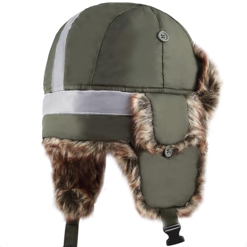 Image of Faux Fur Safety Reflective Aviator Trapper Hat Snow Ski Trooper Winter Cap
