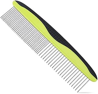 Alinana Grooming Comb for Dogs and Cats - Stainless Steel Rounded Teeth and Rubber Handle Make it Easy to use on Long-Haired Dogs - Removes Loose Undercoat, Knots, Mats, and Tangled Hair