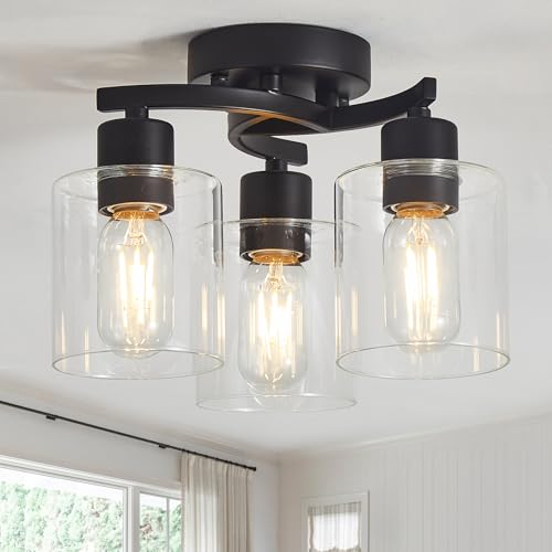 Brushed Nickel Flush Mount Ceiling Light, Kitchen Lighting Fixtures Ceiling, 6-Light Dining Room Light Fixture with Clear Glass Shade, Modern Ceiling Light Fixture for Bedroom, Living Room,