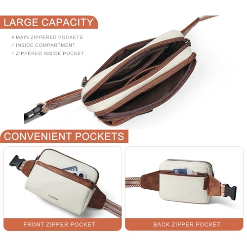 LATMAP 3L Fanny Pack Crossbody Bags for Women Men 4-Zipper Pockets Belt Bag Sling Waist Pack Faux Leather Chest Bag Purse Beige