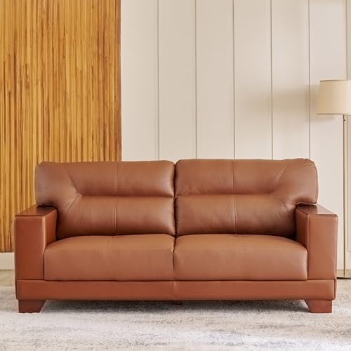 Image of Home Centre | Walter Half Leather 3+2+1 Seater Sofa Set | Sofa for Living Room | Solid Wood | Tan | 1 Year Warranty