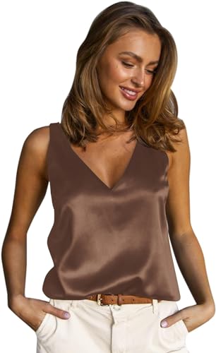 Image of Satin Tank Tops for Women Loose Fit Sleeveless V Neck Cami Camisole Blouses Shirt Top
