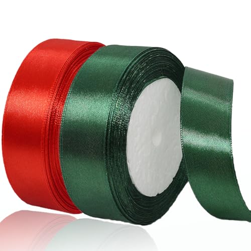 Red Christmas Ribbon, Dark Green Red Satin Ribbon 1 Inch 50 Yards Fabric Ribbons for Christmas Party Decorations, Gift Wrapping, Tree Ornaments, Bouquets, Door Wreaths, Bows Making and DIY Crafts