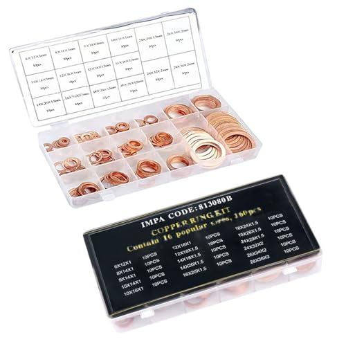 Image of 200 PCS Car Flat Crushed Copper Gasket Classification Kit, M5 M6 M8 M10 M12 M14 9 Specifications Copper Metric Washers, Oil Pan Plug Sealing Gaskets, Universal Accessories for Most Car (Gold)