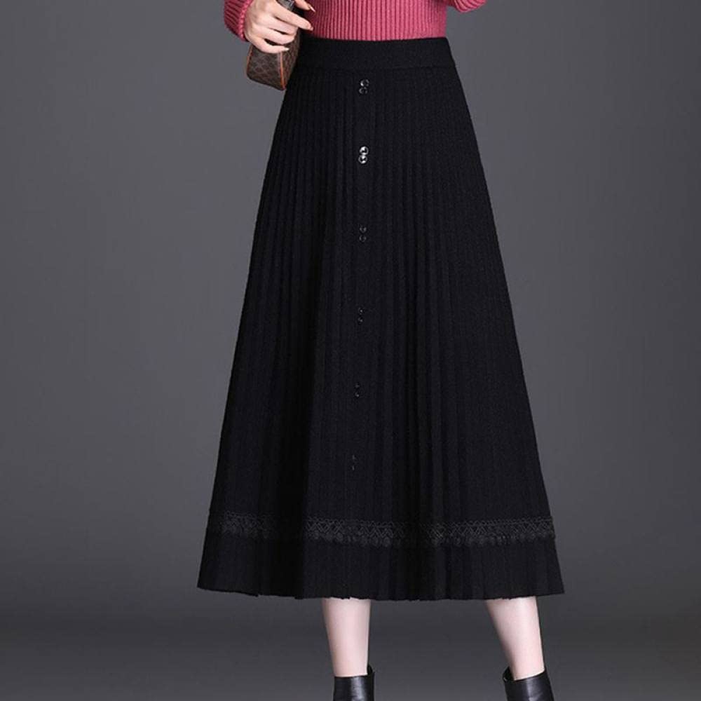 Rock Damen,Damen-Midirock, Schwarz, Elastisch, Mit Hoher Taille, Knopf, Spitze, Gestrickter, Plissierter Regenschirmrock, Schmaler A-Linien-Schaukel, Geraffte, Elegante, Lange Röcke Für Mädchen,