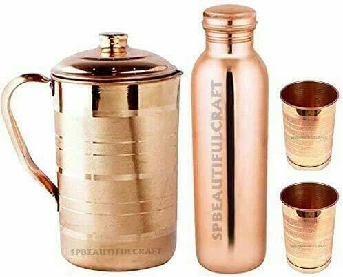 HRS India Pure Copper Water Pitcher Jug 2 litre Handmade Copper Bottle 900ML 2 Drinking Tumbler Glass Cup, Set Of 4