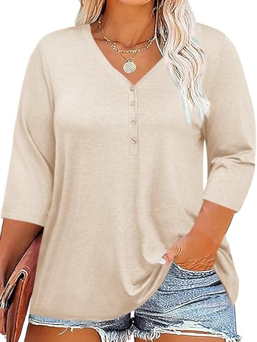 Tankaneo Women Plus Size T Shirts V Neck 3/4 Sleeve Casual Tunic Tees Tops