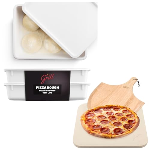 Image of Hans Grill Pizza Dough Proofing Box - Pack of 2 Stackable & Rectangular Pizza Stone For Oven Baking & BBQ Grilling With Free Wooden Peel