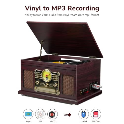 Image of FEKTIK Bluetooth Record Player 10 in 1,FEKTIK 3-Speed Turntable for Vinyl with Speakers, LP to MP3 Converter, CD, Cassette Player, FM Radio, Wireless Streaming | Coffee