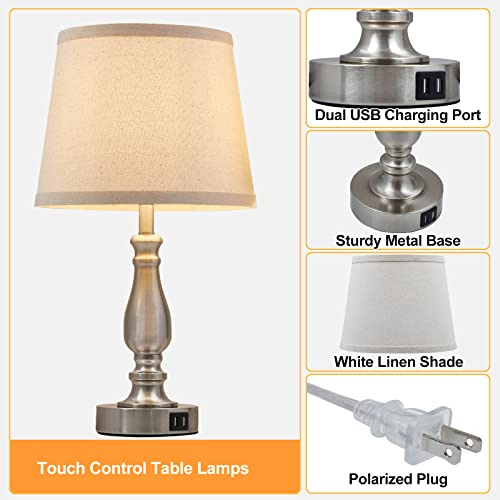 Lamps For Bedrooms Set Of 2, Brushed Nickel Bedside Lamps With Usb Ports, 3 Way Dimmable Nightstand Lamps With Fabric Linen Lampshade, Touch Table Lamp For Living Room Bedroom Office, Bulbs Included #TOP7