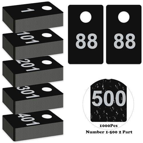 1000Pcs Number Tags Plastic Check Tags 2 Part 1-500 1.5x2.5inch Coat Check Tickets 10mil Number Cards with Hole Reusable Coat Room Tags Claim Ticket for Closet Organization Raffle Draws Cloakroom