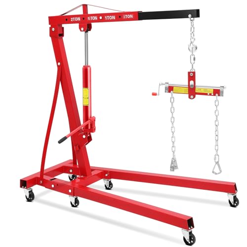 2 Ton Hydraulic Engine Hoist with Lever - 4400LB Folding Shop Crane with 6 Swivel Casters & Telescoping Boom, Foldable Cherry Picker Lift for Car/Truck Engines, Garage and Workshop Use, Red