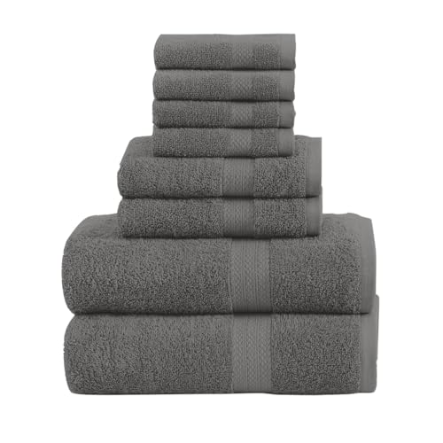 Pack of 8 Towels Set, 2 Large Bath Towels, 2 Hand Towels, 4 Wash Cloths, 100% Cotton, Lighter Weight, Quicker to Dry, Super Absorbent, Perfect for Bathroom (Grey)