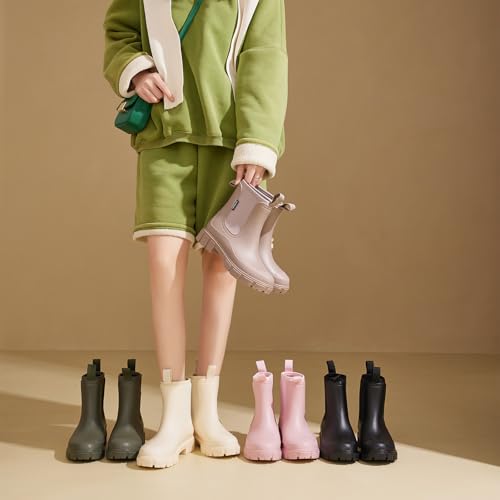 GemChve Gummistiefel Damen Gefüttert Wasserdicht Gummistiefel Halbhohe Chelsea Boots rutschfeste Stiefeletten Regenstiefel Regenschuhe Gummistiefeletten Warm Gartenschuhe Green 38EU
