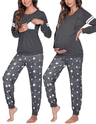 Image of Ekouaer Maternity Pajama Set Nursing Pjs Women Breastfeeding Pregnancy Postpartum Clothes Long Sleeve Top & Pant with Pockets