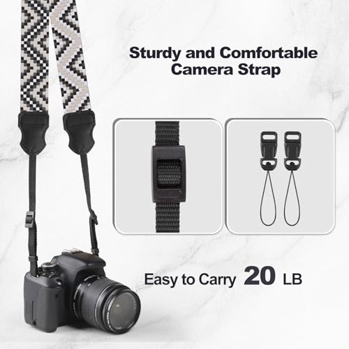 Image of Universal Camera Strap - Camera Neck Strap, Adjustable Shoulder Straps Compatible with Canon, Fujifilm, Nikon, Olympus, Panasonic and other SLR and mirrorless cameras - Black White Gquares
