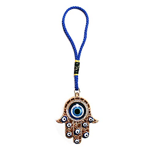 LUCKBOOSTIUM Hamsa Hand Amulet Pendant w/Crystal Rhinestones - Blue, White & Black Evil Eye Car Hanging Ornament - Rear View Mirror Accessories - Door, Wall, Bag Lucky Charms (Gold & Matching Tassel)