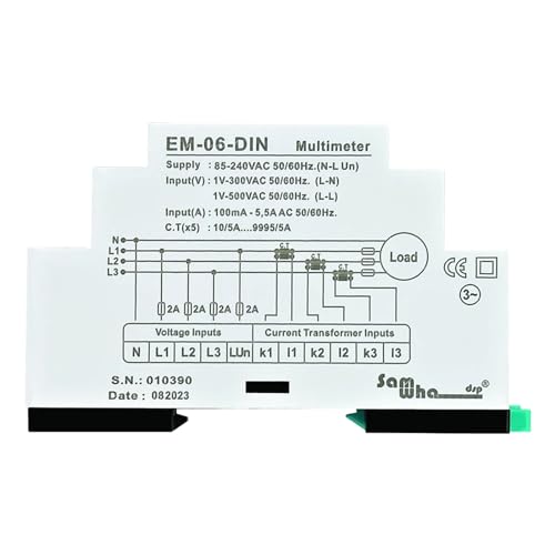 Multimètre EM-06-DIN triphasé pour tension ampère fréquence et séquence de phase