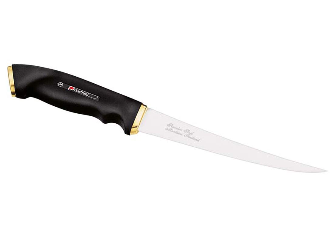 Marttiini Finnisches Filetiermesser, Klinge 15 cm, Kautschuk-Griff, Lederscheide