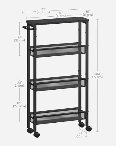 Image of VASAGLE Slim Rolling Cart, 4-Tier Storage Cart, Narrow Cart with Handle, 5.1 Inches Deep, Metal Frame, for Kitchen, Dining Room, Living Room, Home Office, Ebony Black and Classic Black ULRC032B04