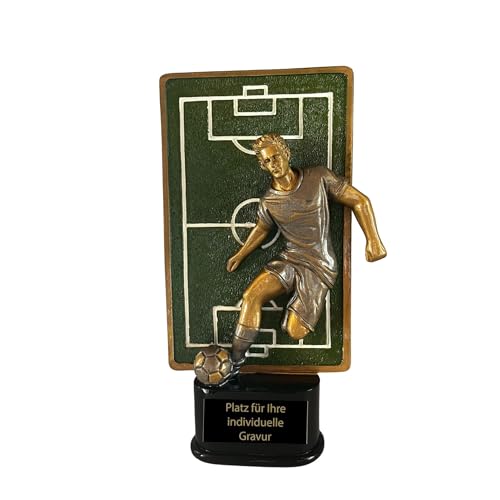 eberin – Copa de fútbol de 23,5 cm – Figura de jugador de resina con pelota delante del campo – Incluye placa grabada – Trofeo para clubes, torneos y campeonatos